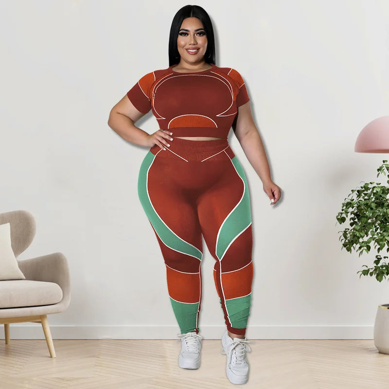 Plus Size Sets Women's Clothes Tracksuit Short Top and Pant Two Piece Sets Gym Joggers Sports Outfits High Elastic Yoga Set