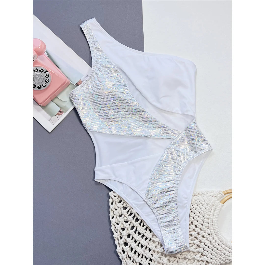 Splicing One Shoulder Shiny Sequins One Piece Swimsuit Women Swimwear Female Mesh Sheer High Cut Bather Bathing Suit Swim