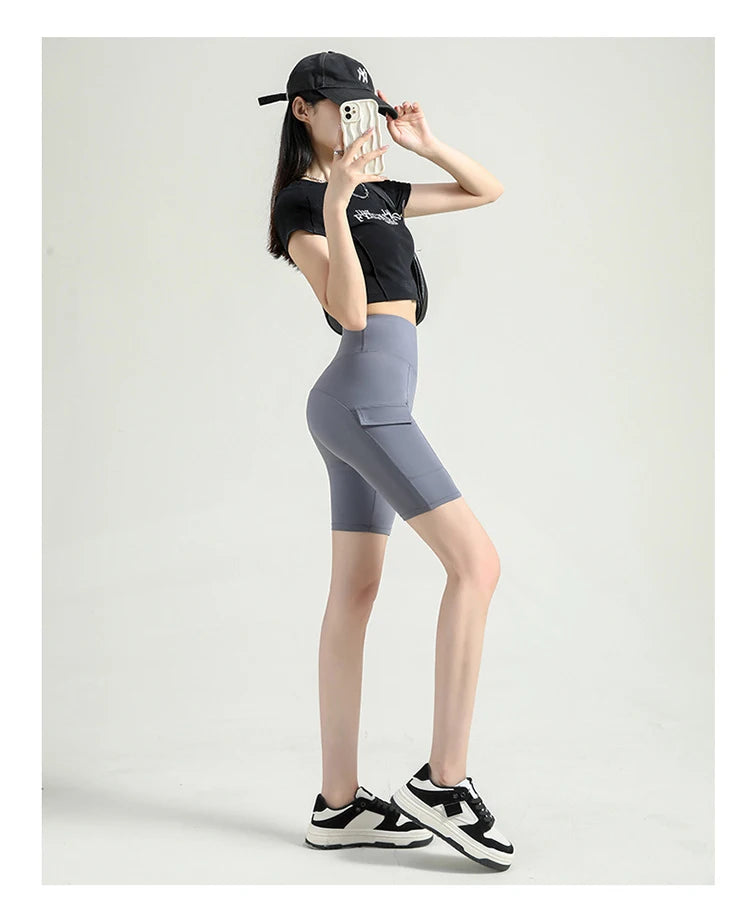 BIVIGAOS Summer New Cargo Pocket Shark Shorts Women's Sport Fitness Cycling Shorts High Waist Running Tight Biker Short Leggings