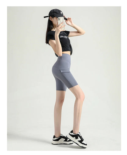 BIVIGAOS Summer New Cargo Pocket Shark Shorts Women's Sport Fitness Cycling Shorts High Waist Running Tight Biker Short Leggings
