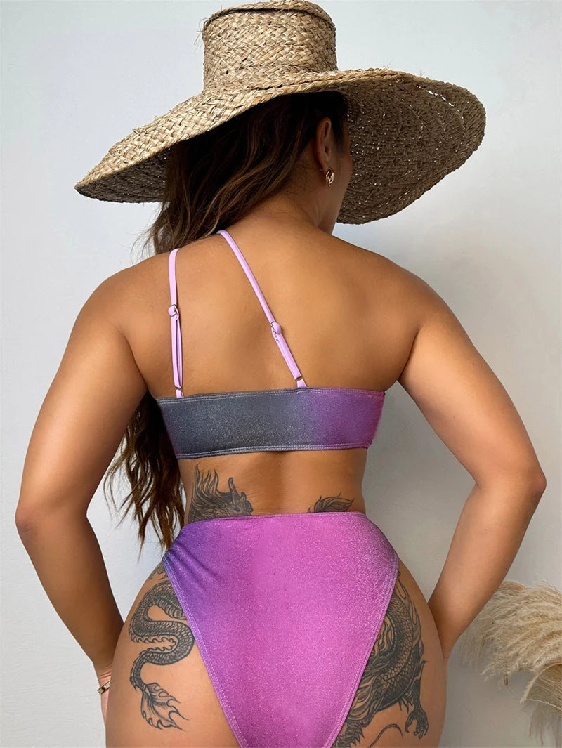 Gradient Print Halter Bikini Set High Waist Female Swimsuit One Shoulder Women Swimwear Two-pieces Bikini set