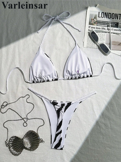 XS - L Zebra Design Halter Mini Thong Bikini Women Swimwear Female Swimsuit Two-pieces Bikini set Padded Bather Bathing Suit Swim