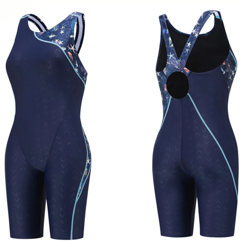 One Piece Swimwear Splice Leg suit Junior Knee skin Women' Competition Swimsuit, bathing Suit with Chlorine Resistant Fabric