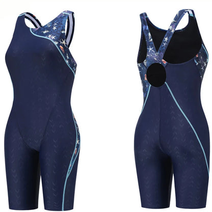 One Piece Swimwear Splice Leg suit Junior Knee skin Women' Competition Swimsuit, bathing Suit with Chlorine Resistant Fabric