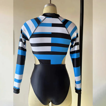 Patchwork One-Piece Swimsuit Long Sleeve Swimwear Sports Backless Women's Swimming Bathing Suit Beach Wear Bather Surfing