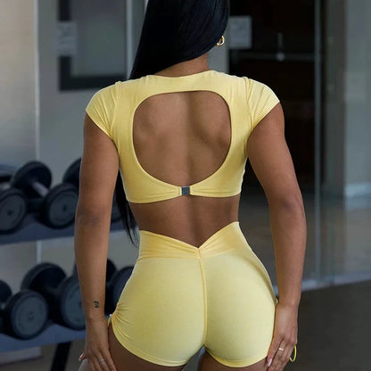 2PCS Pad Yoga Set Sports Suit Gym Leggings Women Clothes Fitness Tracksuit Workout Short Sleeve Female Athletic Sportswear