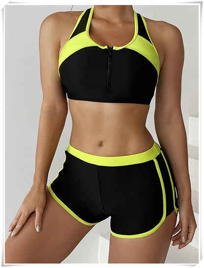 Two Piece Swimsuit Women Zipper Tankini Set High Waist Shorts Swimwear Female Bathing Swimming Suit Sports Beachwear Summer
