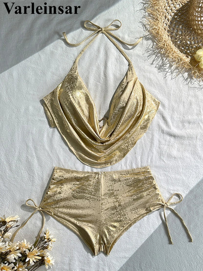 Glitter Sparkling Halter Bikini Women Swimwear Female Swimsuit Two-pieces Bikini set Shorts Bather Bathing Suit Swim