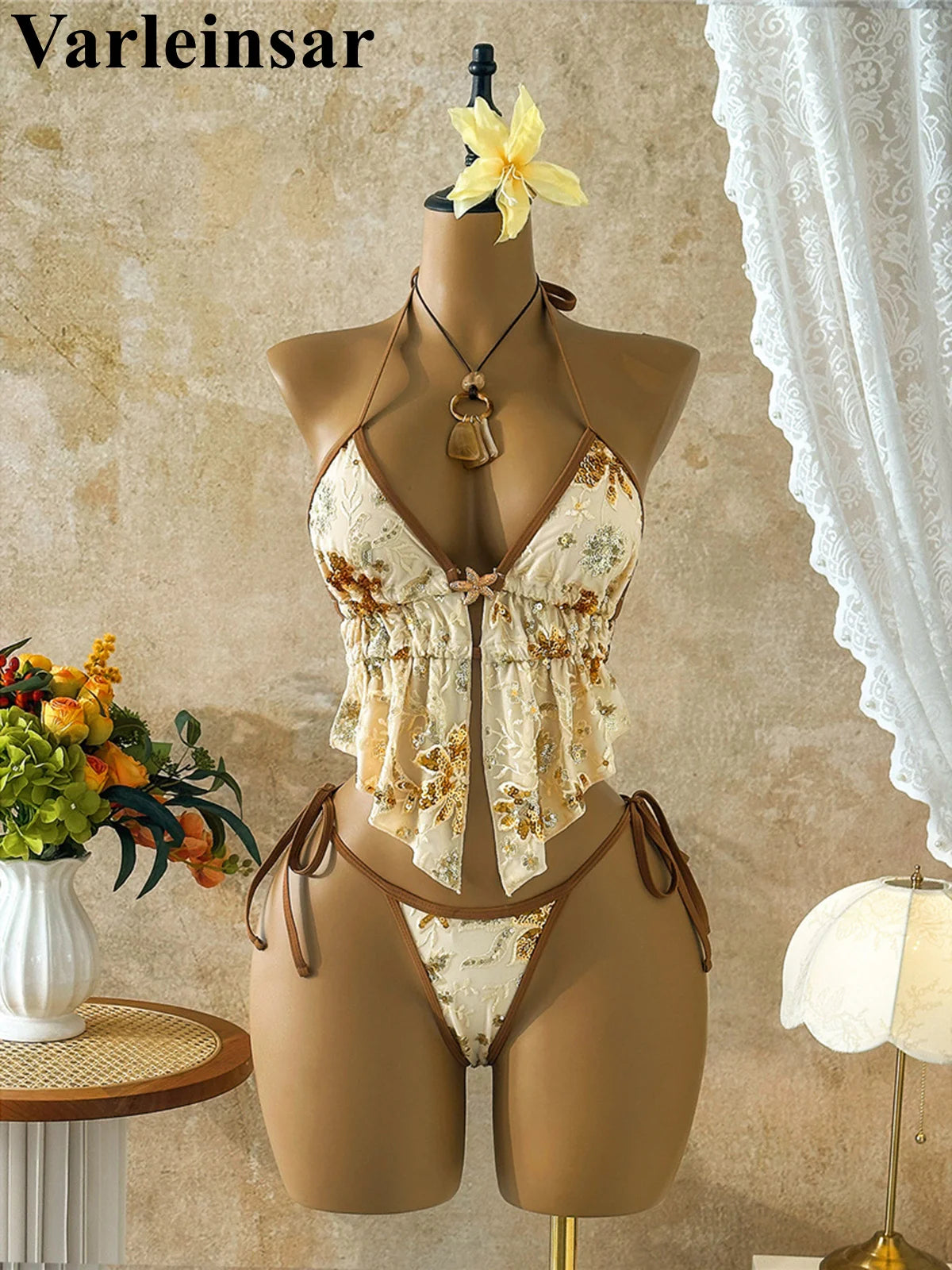 Glitter Sequin Design Stitching Printed Tankini Halter Bikini Women Swimwear Female Swimsuit Two-pieces Bikini set Bather Bathing Suit Swim