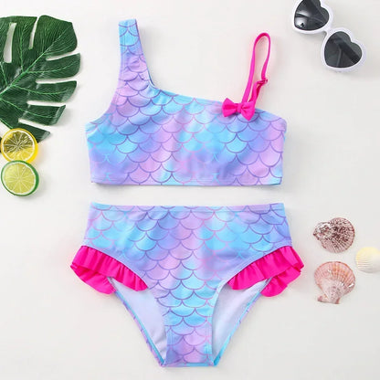 2-10Years New Fashion Kids Fish Scale Bikini Set Lovely Two Pieces Child Swimwear Cute Girl Flouncing Swimsuit Summer Beachwear