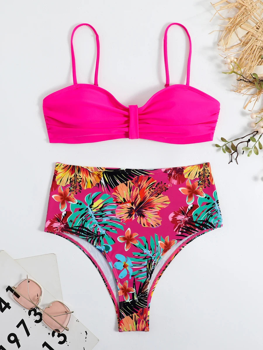 Solid Bandeau Bikini Set Women Tropical Printed Swimwear Female Push Up Swimsuit High Waist Bathing Suit Tie Back Beachwear