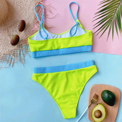 Colourful Ribbed Female Swimsuit High Waist Bikini Women Swimwear Two-piece Bikini set Bather Bathing Suit Swim Lady
