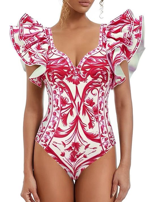 Ruffle Push Up Swimwear Women One Piece Floral Swimsuit Vintage Bather Bathing Swimming Swim Suit Beachwear Summer Bodysuit