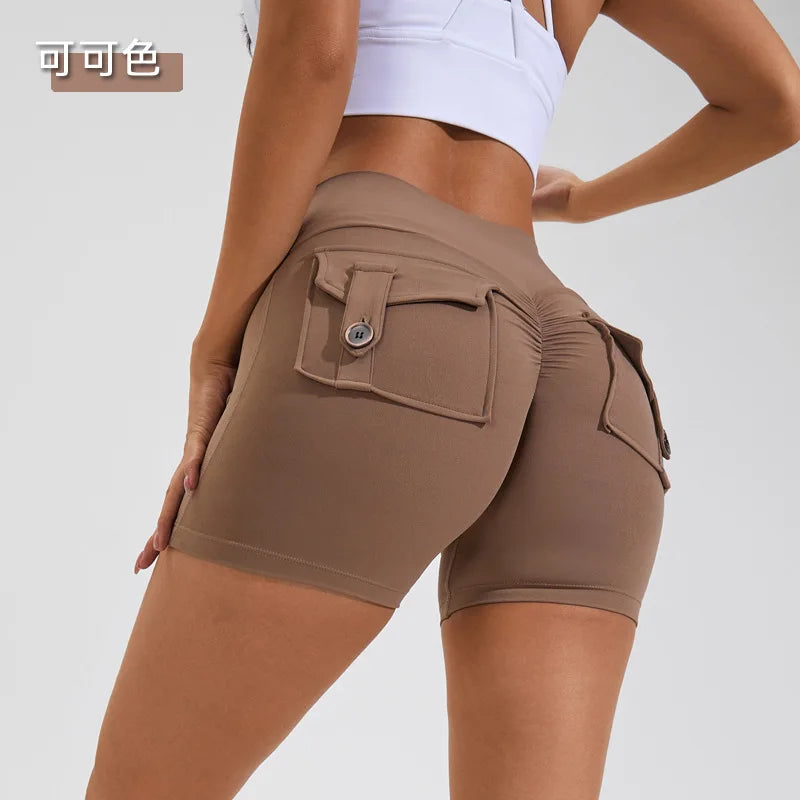 Scrunch Women Button Booty Pocket Sports Yoga Shorts Cycling Jogging Fitness High Waist Squat Proof Gym Active Leggings