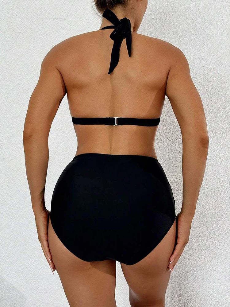 Solid Bathing Suit Women Two-piece High Waisted Chic Split Swimsuit Neck-mounted Low Cut Backless Beachwear Summer New