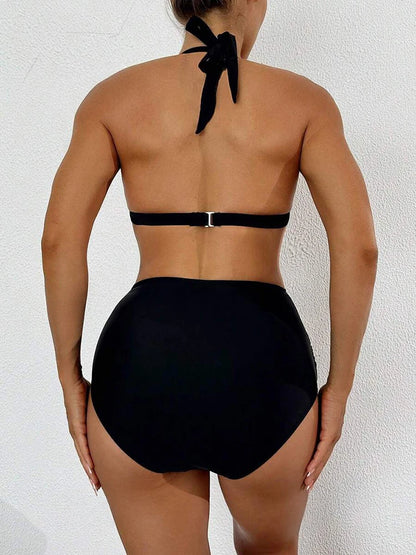 Solid Bathing Suit Women Two-piece High Waisted Chic Split Swimsuit Neck-mounted Low Cut Backless Beachwear Summer New
