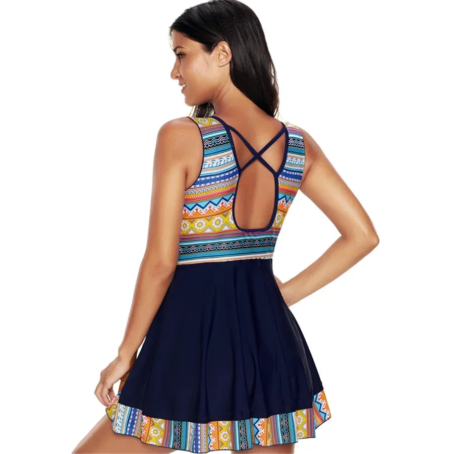 Women's Printed V-Neck Tankini Swim Dress with Briefs