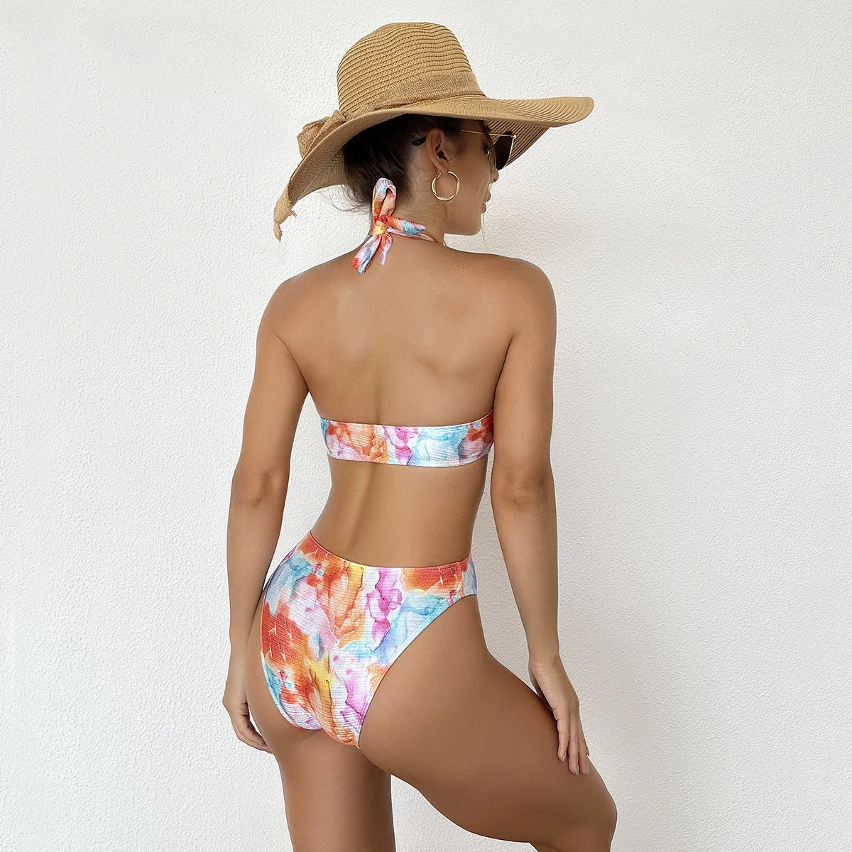 Print Tied Halter Swimwear Women Hollow Push Up One Piece Swimsuit Monokini Backless Beach Bathing Suit