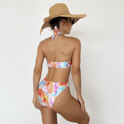 Print Tied Halter Swimwear Women Hollow Push Up One Piece Swimsuit Monokini Backless Beach Bathing Suit
