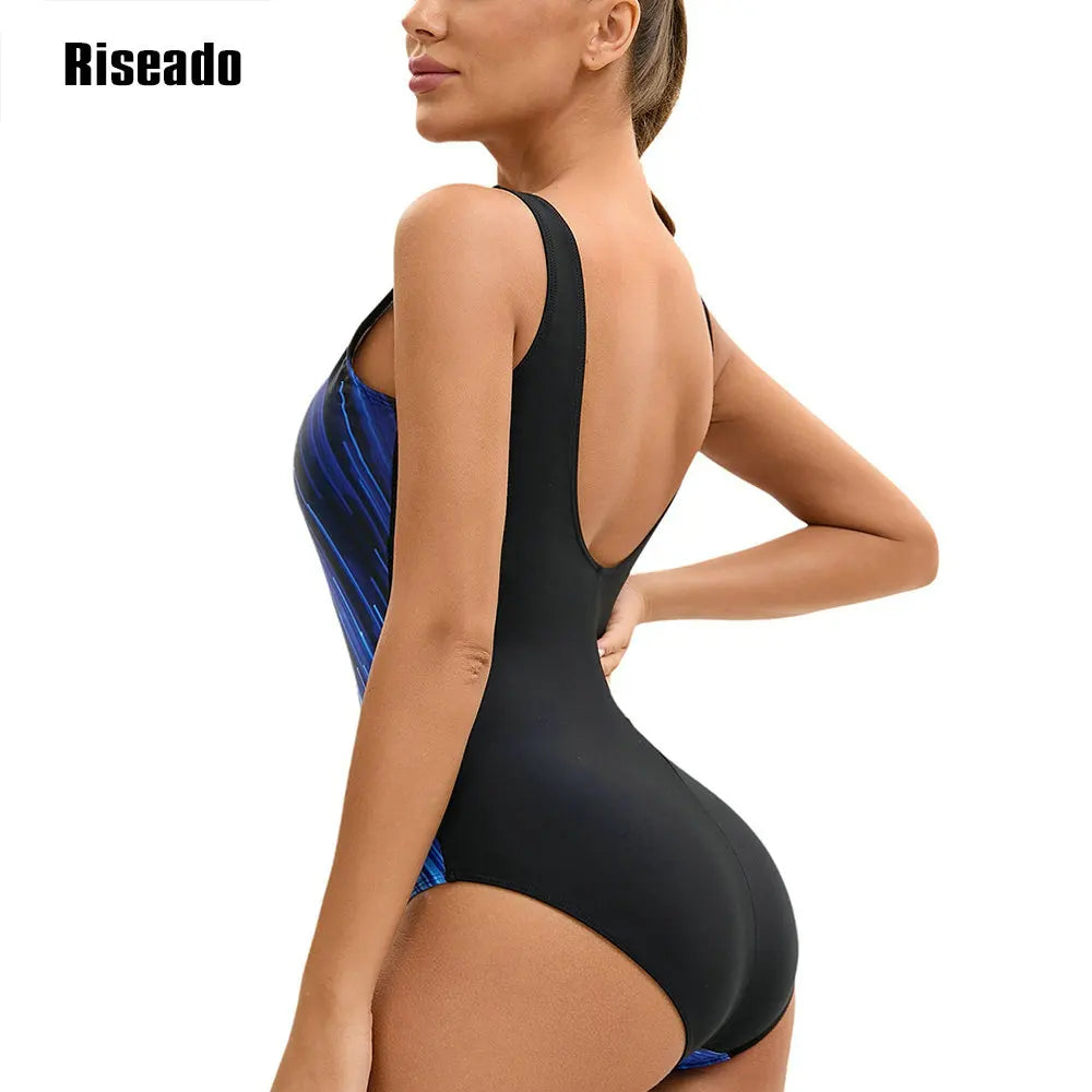 One Piece Swimsuit Women U Back Color Block Print Bathing Suits Athletic Modest Swimwear