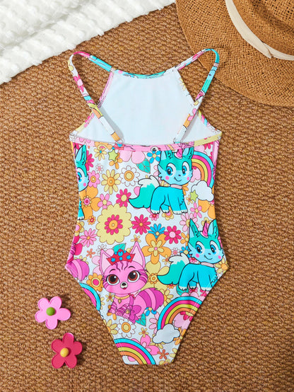 Printed Girls Swimsuit One Piece Kids Strappy Swimwear Children Swimming Bathing Swim Suit Beachwear