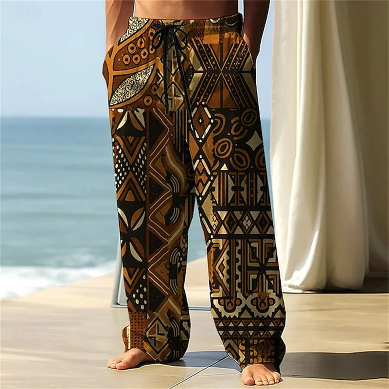 Stylish Men's Casual Pants Retro Classic Print Casual Pants Beach Wide-Leg Pants Streetwear Loose-Fit Athletic Pants