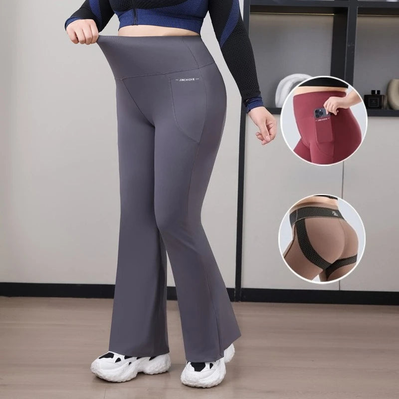 Plus Size Fit Yoga Flared Trousers for Women Seamless Two Sides Pocket Leggings High Waist Push Up Butt Gym Training Leggings