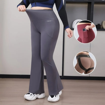 Plus Size Fit Yoga Flared Trousers for Women Seamless Two Sides Pocket Leggings High Waist Push Up Butt Gym Training Leggings