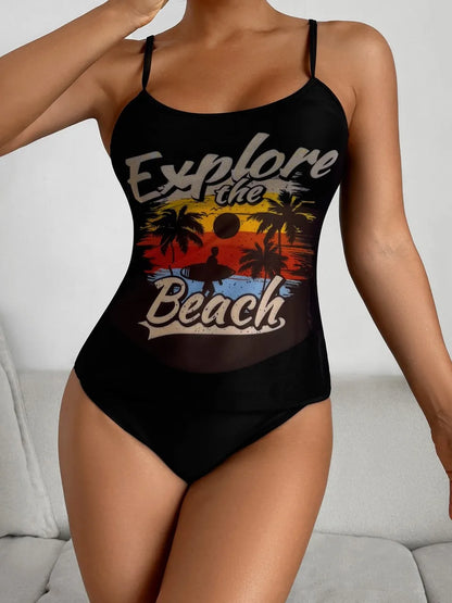 Strappy Two Pieces Women Mesh Printed Swimsuit Sheer Swimwear Female Triangle Bathing Swimming Suit Padded Beachwear