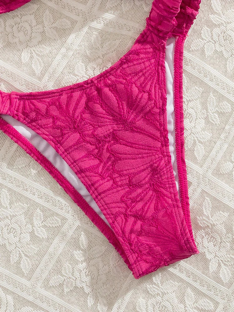 Rose Red Swimsuit Women Pleated Halter Beachwear Holiday Fashion Bikini Set Summer Female Two-piece Bathing Suit