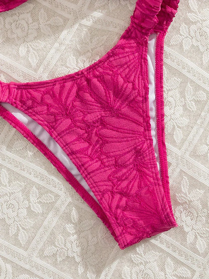 Rose Red Swimsuit Women Pleated Halter Beachwear Holiday Fashion Bikini Set Summer Female Two-piece Bathing Suit
