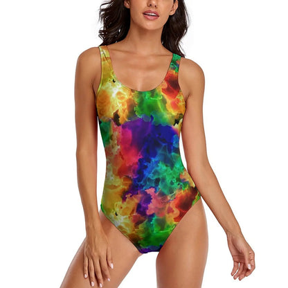 Neon Paint Swimsuit Graffiti Splatter Print One-Piece Swimwear Push Up Bodysuit Elegant Holiday Rave Beach Wear