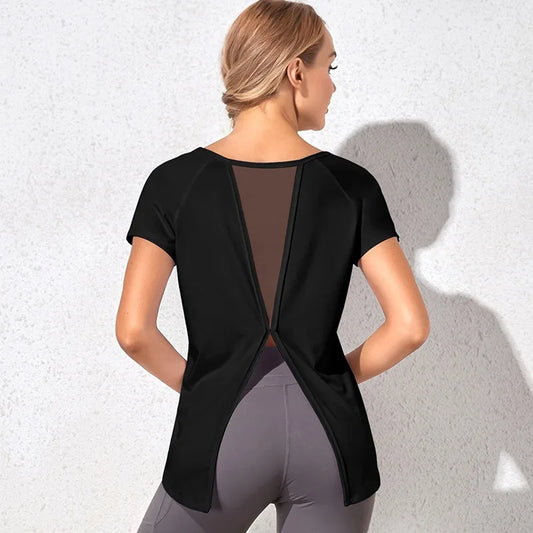 Mesh Back Dovetail Split Beauty Back Yoga Top Round Neck Fast Drying Sports Wear Breathable Gym Workout Pilates Shirts