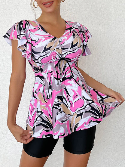 Printed Tankini Set Two Piece Swimsuit Women Tie Front Drawstring Swimwear Female Bathing Swimming Suit Beachwear Summer