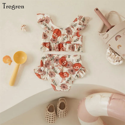 Tregren Cute Toddler Baby Girl Bikini Flower/Bull Head Print Swimsuit Ruffle Swimwear Summer Swimming Pool Hot Spring Beach Wear