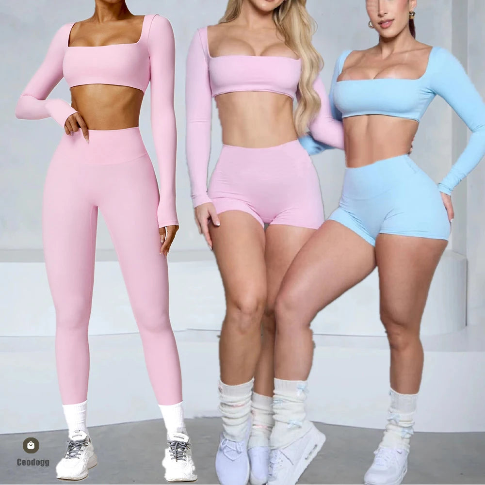 Yoga Clothes 2PCS Gym Set Sports Shorts Set Women Long Sleeved High Waist Shorts Fitness Suit Running Workout Tracksuit