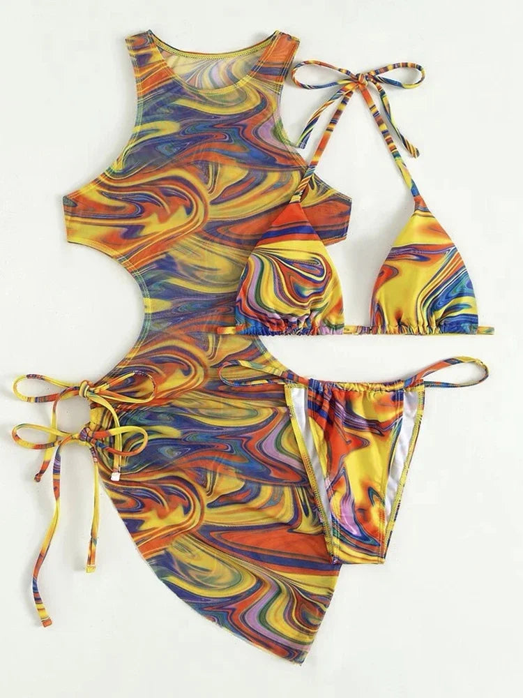 Tie Dye Swimsuit Women Lace Up Bikini Suit Hollow Out Block Color Bathing Suit Three-pieces Swimwear Beachwear
