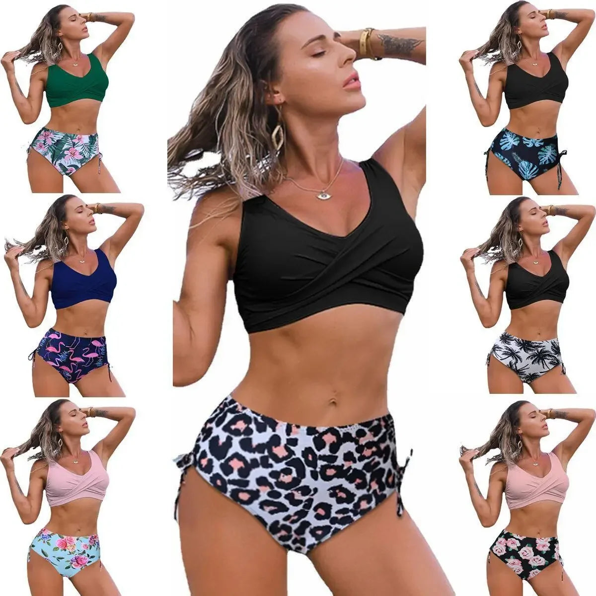 High Waist Bikini Set Push Up Bandage Swimwear Women Print Floral Two Pieces Swimsuit Beach Wear Strappy biquini