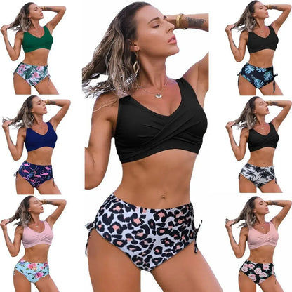 High Waist Bikini Set Push Up Bandage Swimwear Women Print Floral Two Pieces Swimsuit Beach Wear Strappy biquini