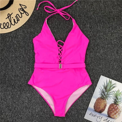 Lace Up Halter Female Swimwear One Piece Swimsuit Women Backless Monokini with Waist Belt Bathing Suit Swim Bodysuit