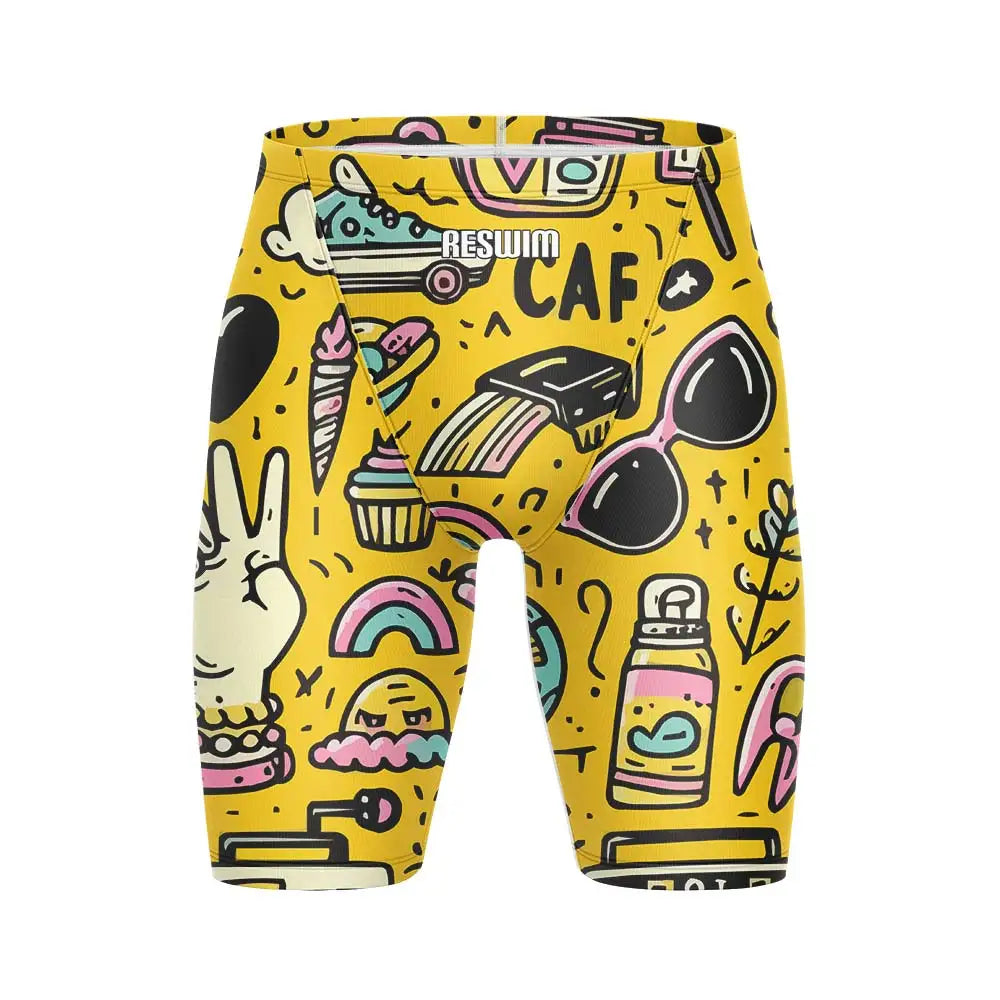 Cartoon Swim Jammer Endurance Athletic Training Swimsuit Men's Beach Swimming Trunks Lycra Swimwear Jammers GYM Tight Surf Shorts