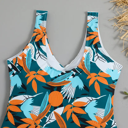 Tropical Print Swimsuit One Piece Knot Side Belted Swimwear Women Padded Bathing Suit Female Swimming Summer Beachwear