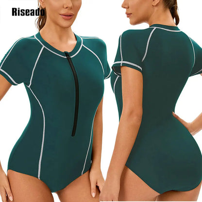 One Piece Swimsuit Mock Neck Zipper Short Sleeve Bathing Suit for Athletic beach clothes for lady