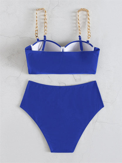 Chain Strap Bikinis  Women Solid Push Up Swimsuit High Waist Swimwear Female  Bathing Suit Swimming Summer Beachwear