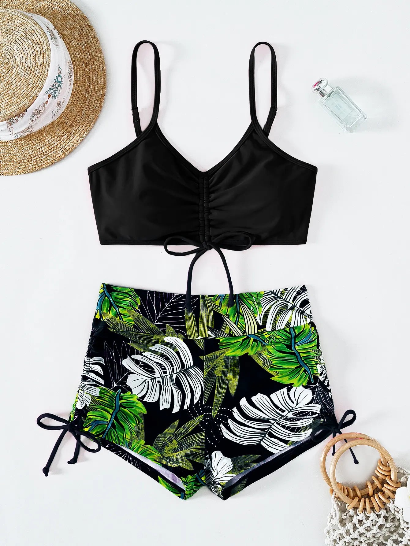 Drawstring Front Shorts Bikinis High Waist Swimsuit Women Swimwear Female Bathers Bathing Swimming Swim Suit Beachwear
