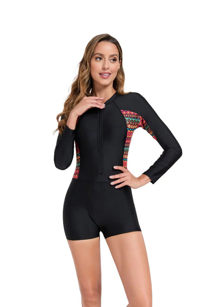 Zipper Patchwork One Piece Swimsuits Closed Long Sleeve Swimwear Sports Surfing Women's Swimming Bathing Suits Beach Bather
