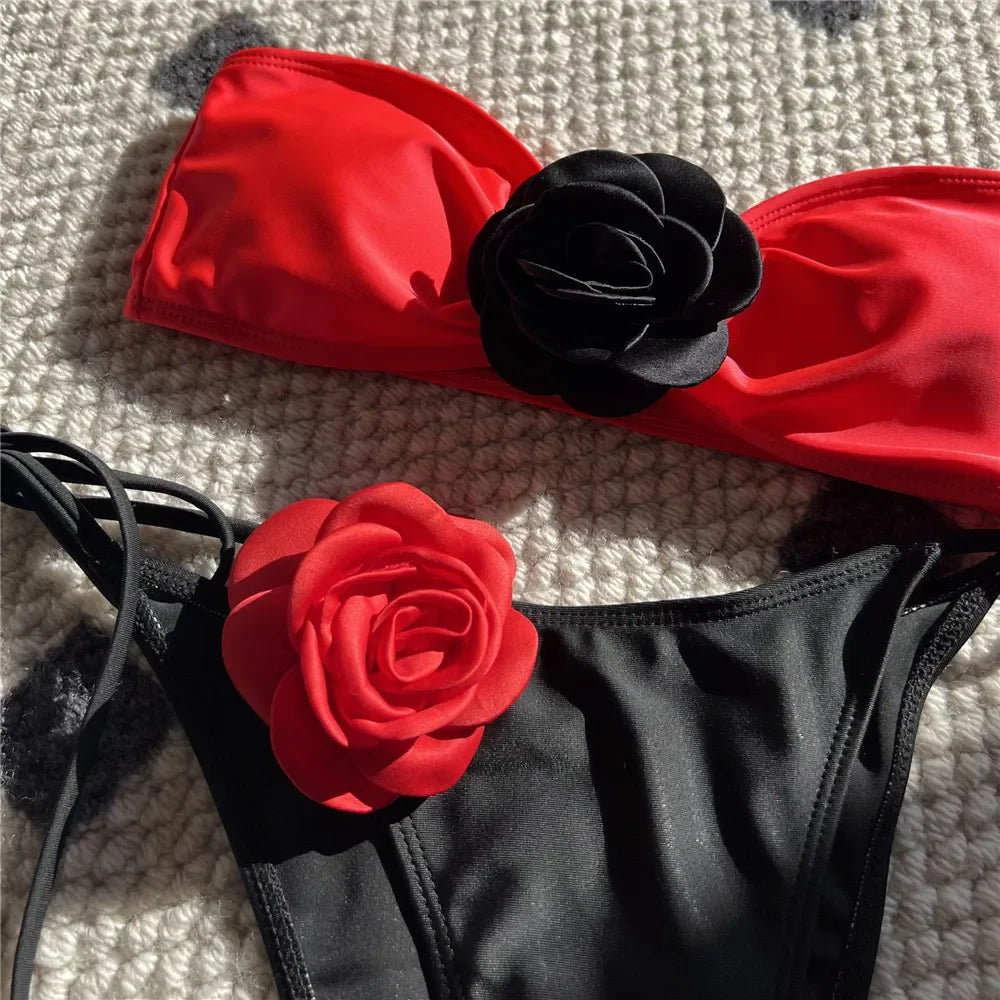 Flower Bandeau Swimwear Thong Bikini Women Lace-up Swimsuits Swimming Bathing Suit Brazilian Bikinis Set