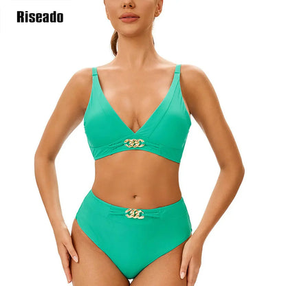 Solid Black High Waist Bikini Sets Swimsuit For Women V-neck Tank Two Pieces Swimwear