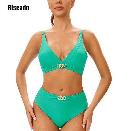 Solid Black High Waist Bikini Sets Swimsuit For Women V-neck Tank Two Pieces Swimwear