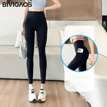 Side Pocket Sharkskin Leggings Women High Waist Tight Fitness Yoga Leggings Push Up Running Leggings